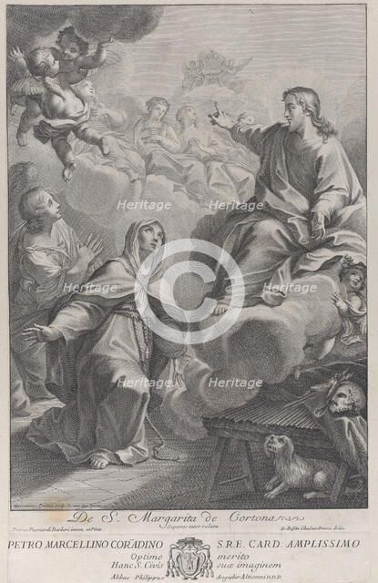Saint Margarita of Cortona, kneeling before Christ, after Pietro Andrea Pucciardi..., ca. 1702-1741. Creators: Giovanni Girolamo Frezza, Giovanni Battista Calandrucci.