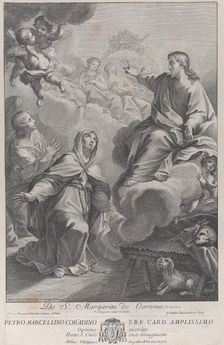 Saint Margarita of Cortona, kneeling before Christ, after Pietro Andrea Pucciardi..., ca. 1702-1741. Creators: Giovanni Girolamo Frezza, Giovanni Battista Calandrucci