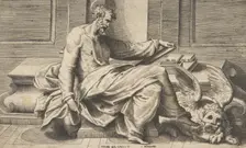 Saint Mark writing his Gospel, a winged lion at the right, 1531-76. Creator: Giulio Bonasone
