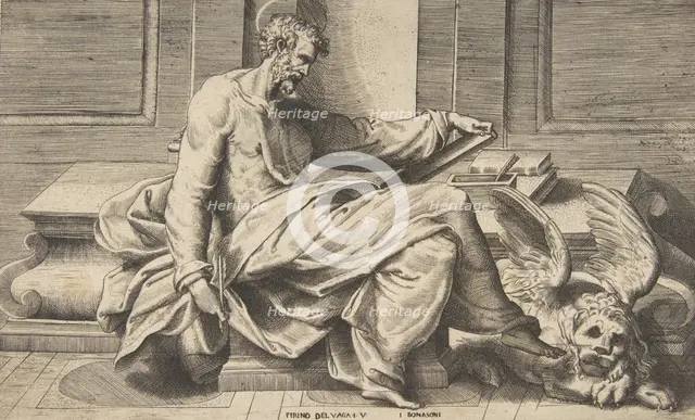 Saint Mark writing his Gospel, a winged lion at the right, 1531-76. Creator: Giulio Bonasone.