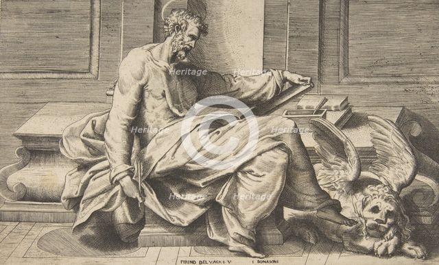 Saint Mark writing his Gospel, a winged lion at the right, 1531-76. Creator: Giulio Bonasone.