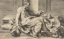 Saint Mark writing his Gospel, a winged lion at the right, 1531-76. Creator: Giulio Bonasone