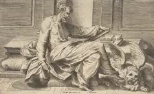 Saint Mark writing his gospel, winged lion at the right, 1531-76. Creator: Giulio Bonasone