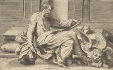 Saint Mark writing his gospel, winged lion at the right, 1531-76. Creator: Giulio Bonasone