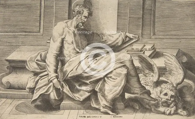Saint Mark writing his gospel, winged lion at the right, 1531-76. Creator: Giulio Bonasone.