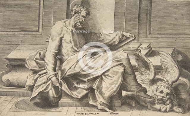 Saint Mark writing his gospel, winged lion at the right, 1531-76. Creator: Giulio Bonasone.