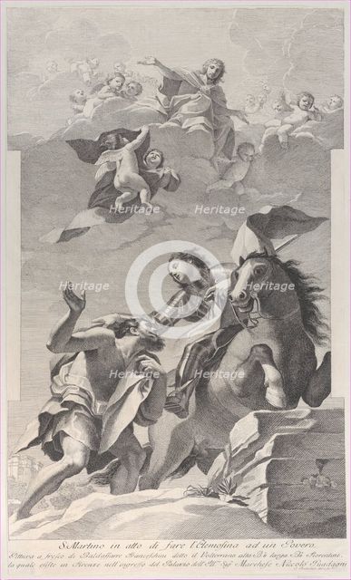 Saint Martin, on horseback, giving his cloak to a beggar..., 1760-1800. Creator: Giuliano Traballesi.