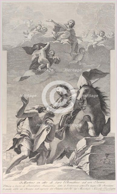 Saint Martin, on horseback, giving his cloak to a beggar..., 1760-1800. Creator: Giuliano Traballesi.