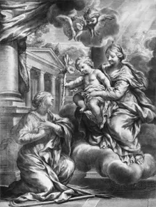 Saint Martina kneeling before the Virgin and Child, as the Child offers her a lily,..., ca. 1664-79. Creator: François Spierre