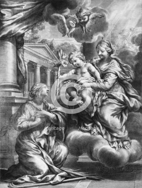 Saint Martina kneeling before the Virgin and Child, as the Child offers her a lily,..., ca. 1664-79. Creator: François Spierre.