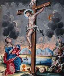 Saint Mary Magdalene clasps her hands before the crucified Christ. Creator: Unknown