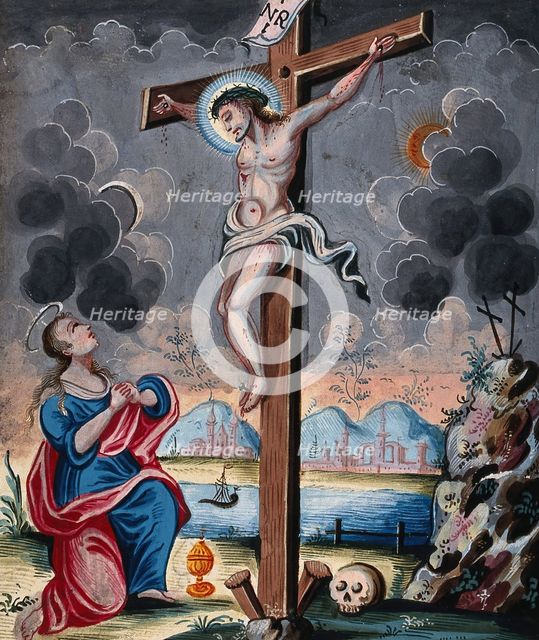Saint Mary Magdalene clasps her hands before the crucified Christ. Creator: Unknown.