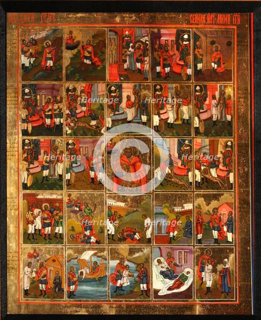 Saint Menas with Scenes from His Life, Mid of the 19th cen.. Artist: Russian icon  