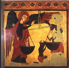 Saint Michael weighing souls and demon trying to appropriate them. Painting on wood, board from a…