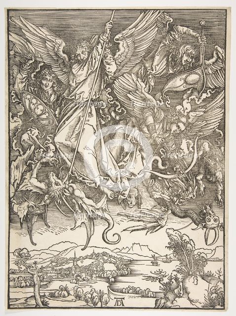Saint Michael and the Dragon, from The Apocalypse, ca. 1498. Creator: Albrecht Durer.