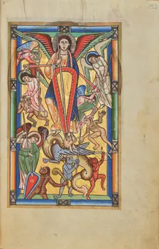 Saint Michael Battling the Dragon; Stammheim Missal, probably 1170s. Creator: Unknown