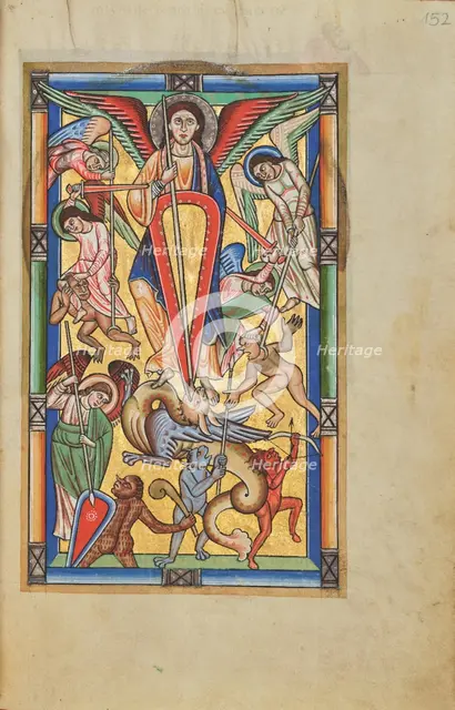 Saint Michael Battling the Dragon; Stammheim Missal, probably 1170s. Creator: Unknown.