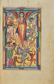 Saint Michael Battling the Dragon; Stammheim Missal, probably 1170s. Creator: Unknown