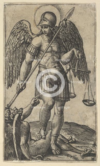 Saint Michael holding scales and a lance, a demon beneath him, from the series 'P..., ca. 1500-1527. Creator: Marcantonio Raimondi.