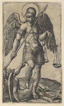 Saint Michael holding scales and a lance, a demon beneath him, from the series P..., ca. 1500-1527. Creator: Marcantonio Raimondi