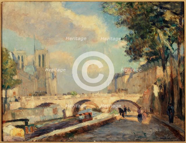 Saint-Michel and Notre-Dame bridges, seen from Quai des Grands-Augustins, c1890. Creator: Albert Lebourg.