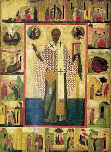 Saint Nicholas of Zaraisk with Scenes from His Life, early 16th century. Creator: Russian icon