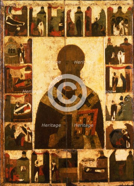 Saint Nicholas with scenes from his life, 14th century. Artist: Russian icon  