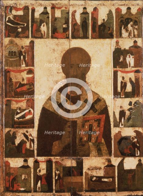 Saint Nicholas with scenes from his life, 14th century. Artist: Russian icon  