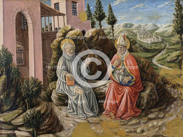 Saint Sabinus conversing with St. Benedict, 1473. Creator: Giovanni Boccati.