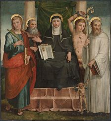 Saint Scholastica Enthroned between Saints John the Evangelist, Anthony the Abbot......, c1550. Creator: Piaggio, Teramo (1485-1554)