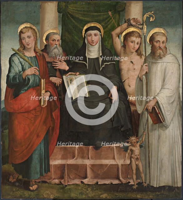 Saint Scholastica Enthroned between Saints John the Evangelist, Anthony the Abbot......, c1550. Creator: Piaggio, Teramo (1485-1554).