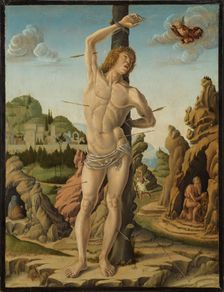 Saint Sebastian in a Rocky Landscape with Saints Jerome, Anthony Abbot and Christopher, 1475-1478. Creator: Zoppo, Marco (1433-1478)