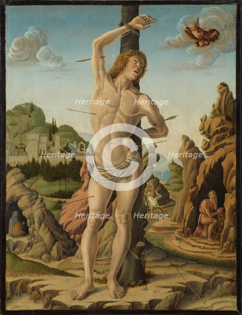 Saint Sebastian in a Rocky Landscape with Saints Jerome, Anthony Abbot and Christopher, 1475-1478. Creator: Zoppo, Marco (1433-1478).