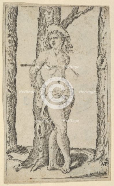 Saint Sebastian tied to tree pierced with arrows, from the series 'Piccoli Santi'..., ca. 1500-1527. Creator: Marcantonio Raimondi.