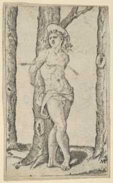 Saint Sebastian tied to tree pierced with arrows, from the series Piccoli Santi .., ca. 1500-1527. Creator: Marcantonio Raimondi