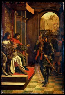 Saint Sebastien before the Emperors Diokletian and Maximian late 15th century. Creator: Josse Lieferinxe