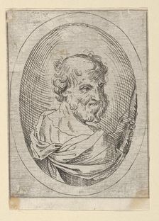 Saint Simon seen from behind, turning to the right and holding a saw, in an oval frame, 1600-1640. Creator: Anon