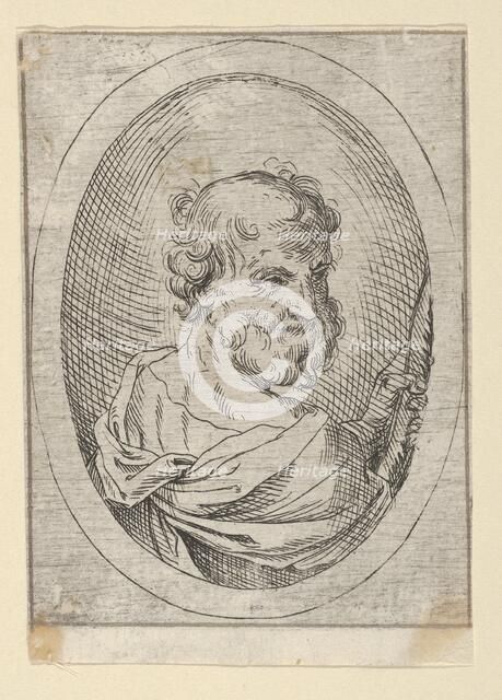 Saint Simon seen from behind, turning to the right and holding a saw, in an oval frame, 1600-1640. Creator: Anon.
