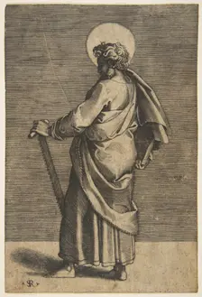 Saint Simon standing facing left, holding a saw and a book, ca. 1515-27. Creator: Marco Dente