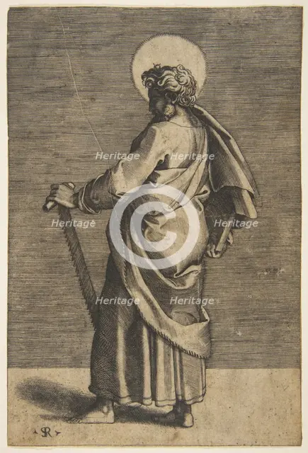 Saint Simon standing facing left, holding a saw and a book, ca. 1515-27. Creator: Marco Dente.