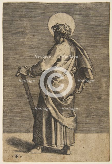 Saint Simon standing facing left, holding a saw and a book, ca. 1515-27. Creator: Marco Dente.