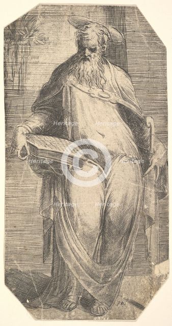 Saint Simon standing, supporting a book on his right thigh, from 'Christ and the Ap..., ca. 1548-50. Creator: Andrea Schiavone.