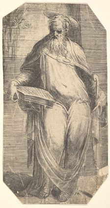 Saint Simon standing, supporting a book on his right thigh, from Christ and the Ap..., ca. 1548-50. Creator: Andrea Schiavone