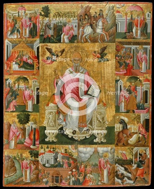 Saint Spyridon, Bishop of Trimythous with scenes from his life, Second Half of the 17th cen.. Artist: Poulakis, Theodore (1622-1692)