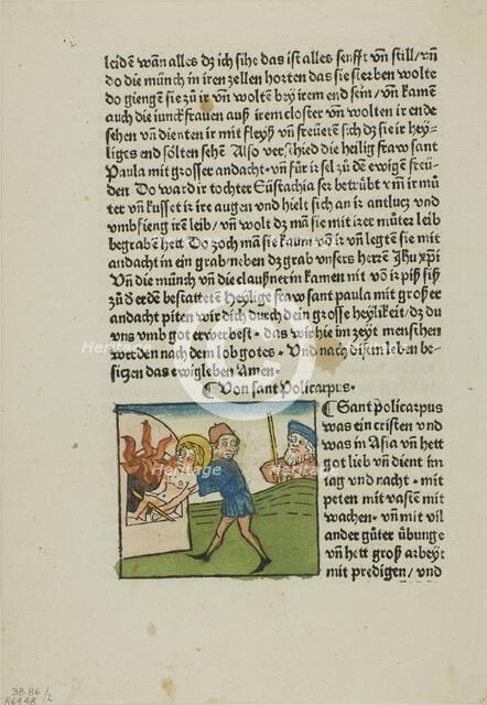 Saint Policarpus from Lives of the Heiligenleben, Sommerteil (Saints, Summertime)..., 1929. Creators: Unknown, Johannes Baemler, Jacobus de Voragine, Wilhelm Ludwig Schreiber.