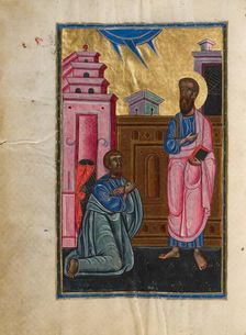 Saint Paul and Sergius, Roman Proconsul in Cyprus; Bible, 1637-1638. Creators: Malnazar, Aghap'ir