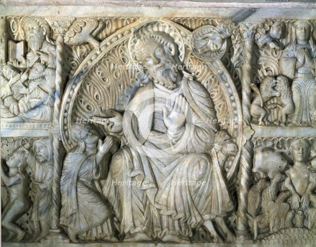 Saint Paul indoctrinating Santa Tecla. Altar front in white marble in the cathedral of Tarragona.
