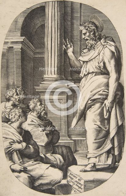 Saint Paul Preaching, an oval composition, 1547. Creator: Giulio Bonasone.