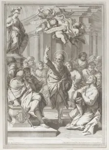 Saint Paul preaching at center, standing in a crowd in a columned interior, pointing ..., 1681-1725. Creator: Arnold van Westerhout