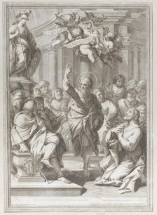 Saint Paul preaching at center, standing in a crowd in a columned interior, pointing ..., 1681-1725. Creator: Arnold van Westerhout
